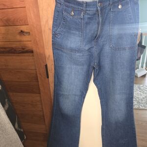 LOFT Blue High-Rise Flare Jeans with Front Patch Pockets